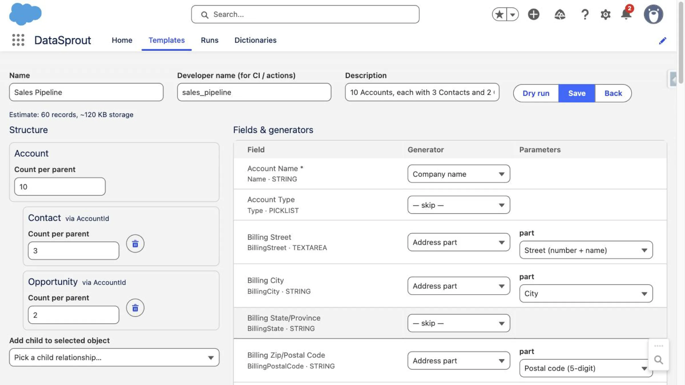 DataSprout template builder: object tree with Account, Contact and Opportunity plus per-field generators