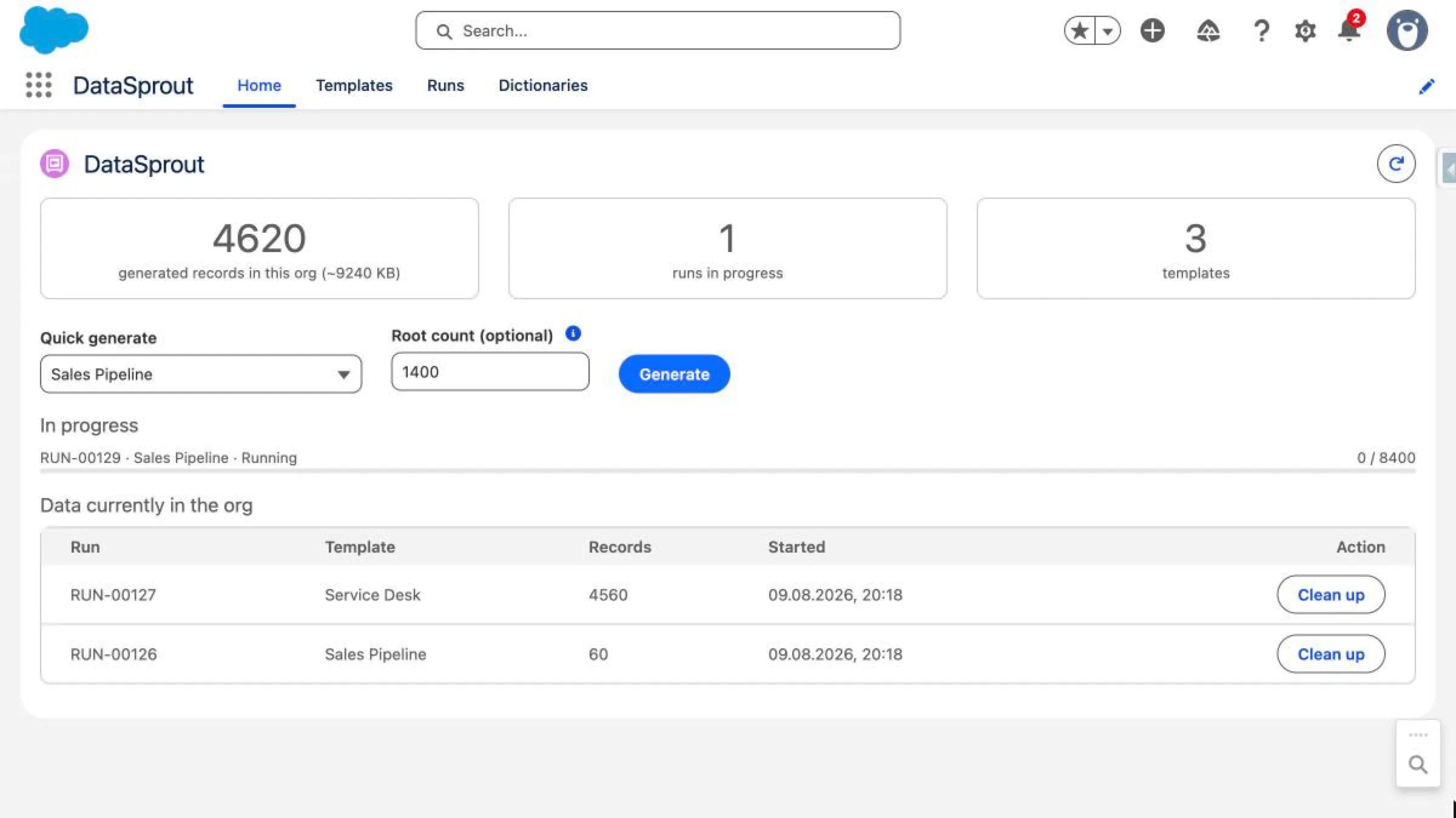 DataSprout home tab: generated-records stats, quick generate and a run in progress